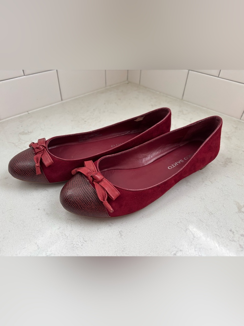 Franco Sarto Wine Red Suede Ballet Flats with Textured Toe and Bow